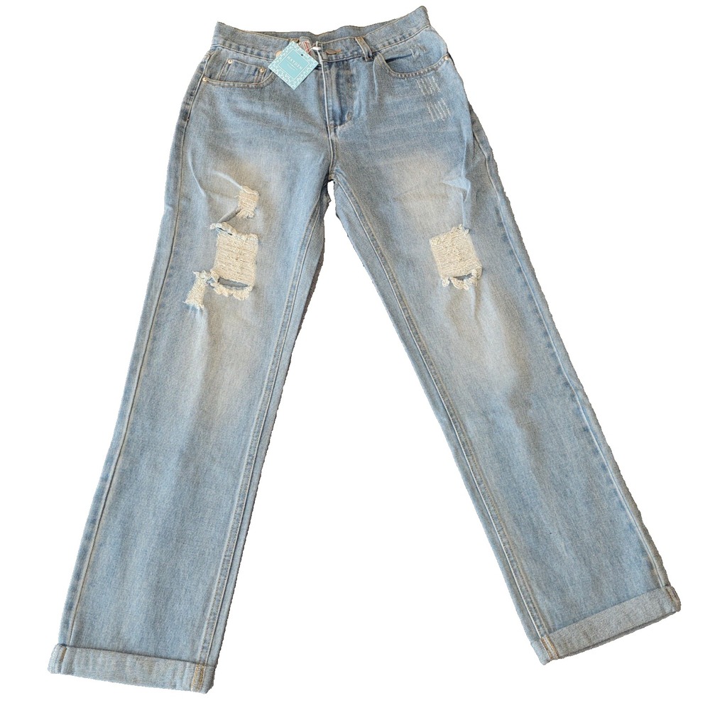 Hayden L.A Denim Wide Leg Cuffed Bottom Distressed Jeans SMALL Light